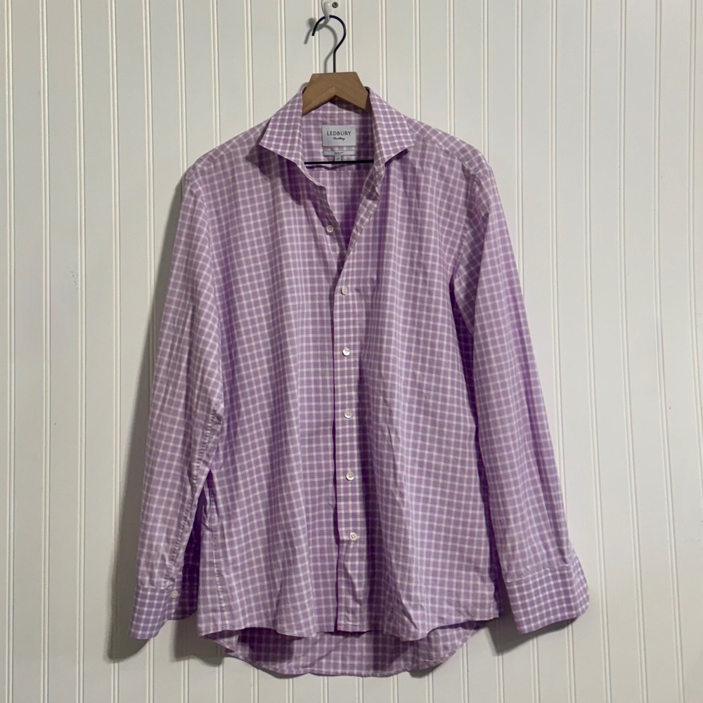 LEDBURY‎ Slim Fit Shirt 17 Purple Gingham Check Spread Collar Luxury Shirting